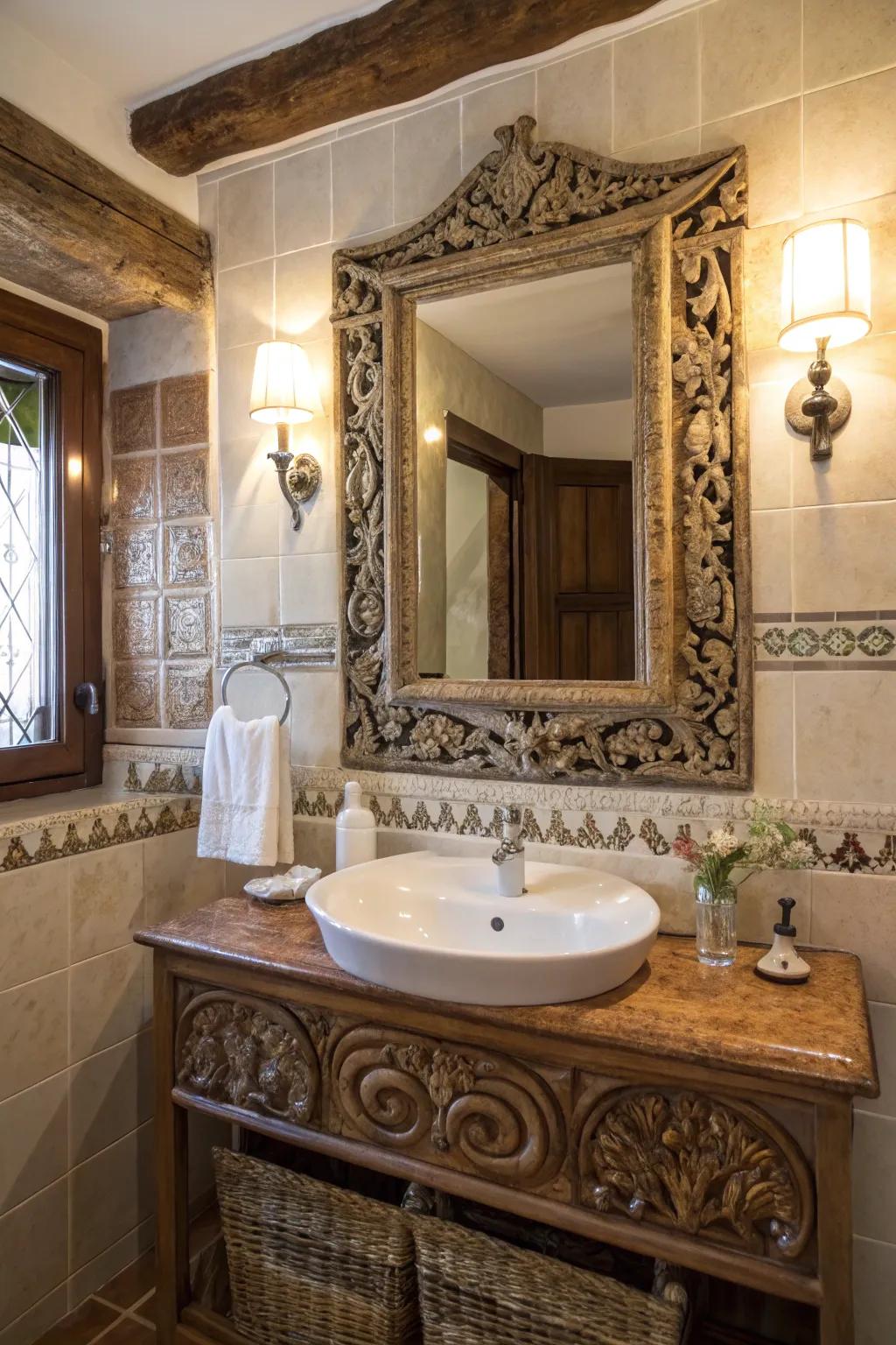 An elaborate mirror injecting elegance into a cottage bathroom
