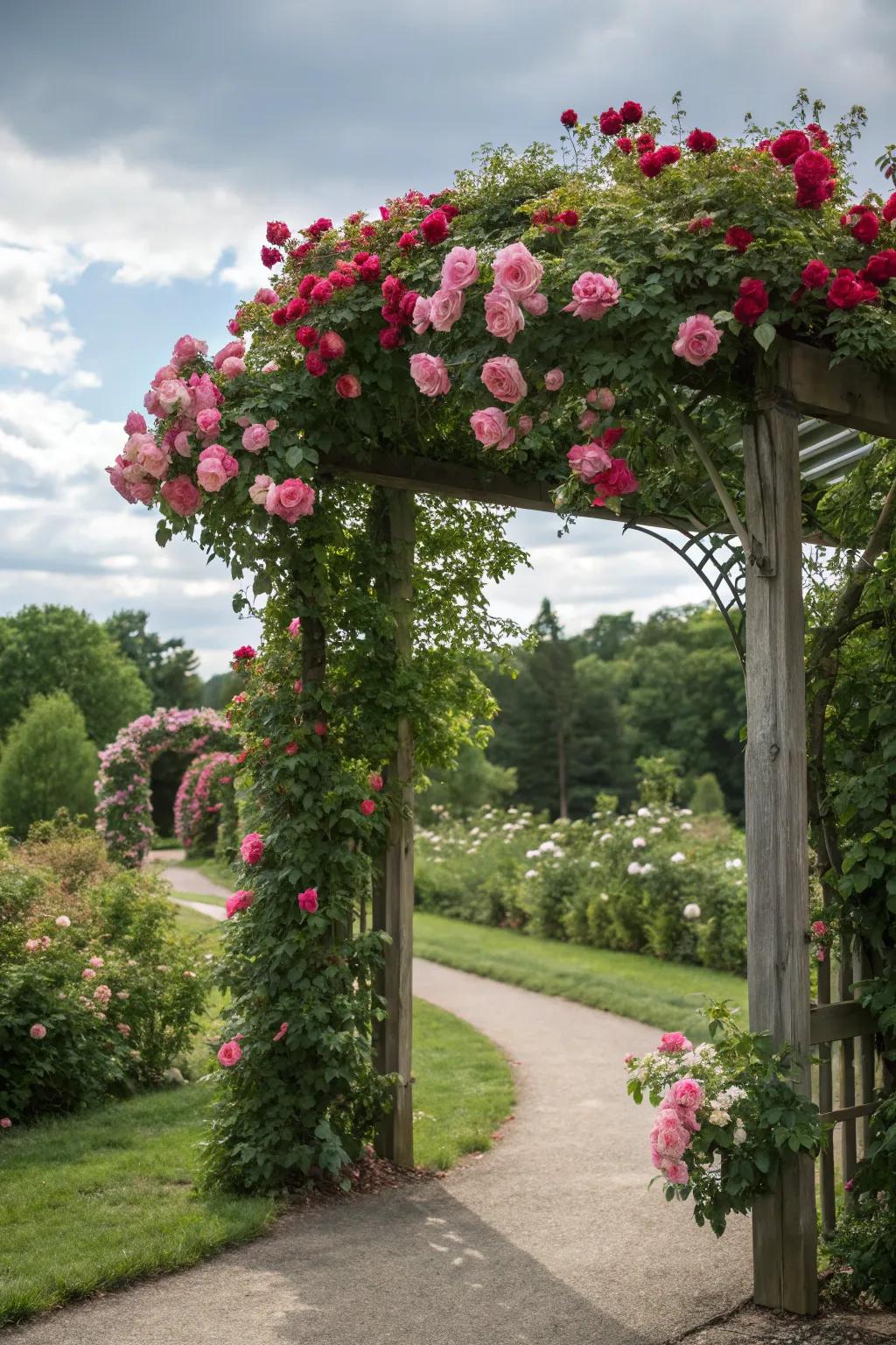 An enchanting arbor adorned with climbing roses.