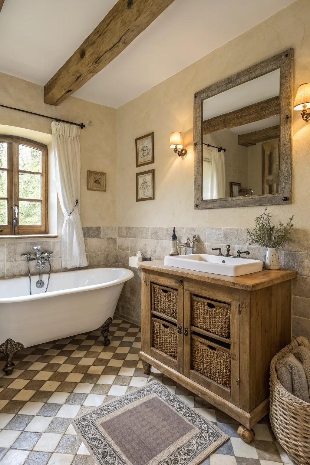 Neutral tones create a peaceful ambiance in this country bathroom.