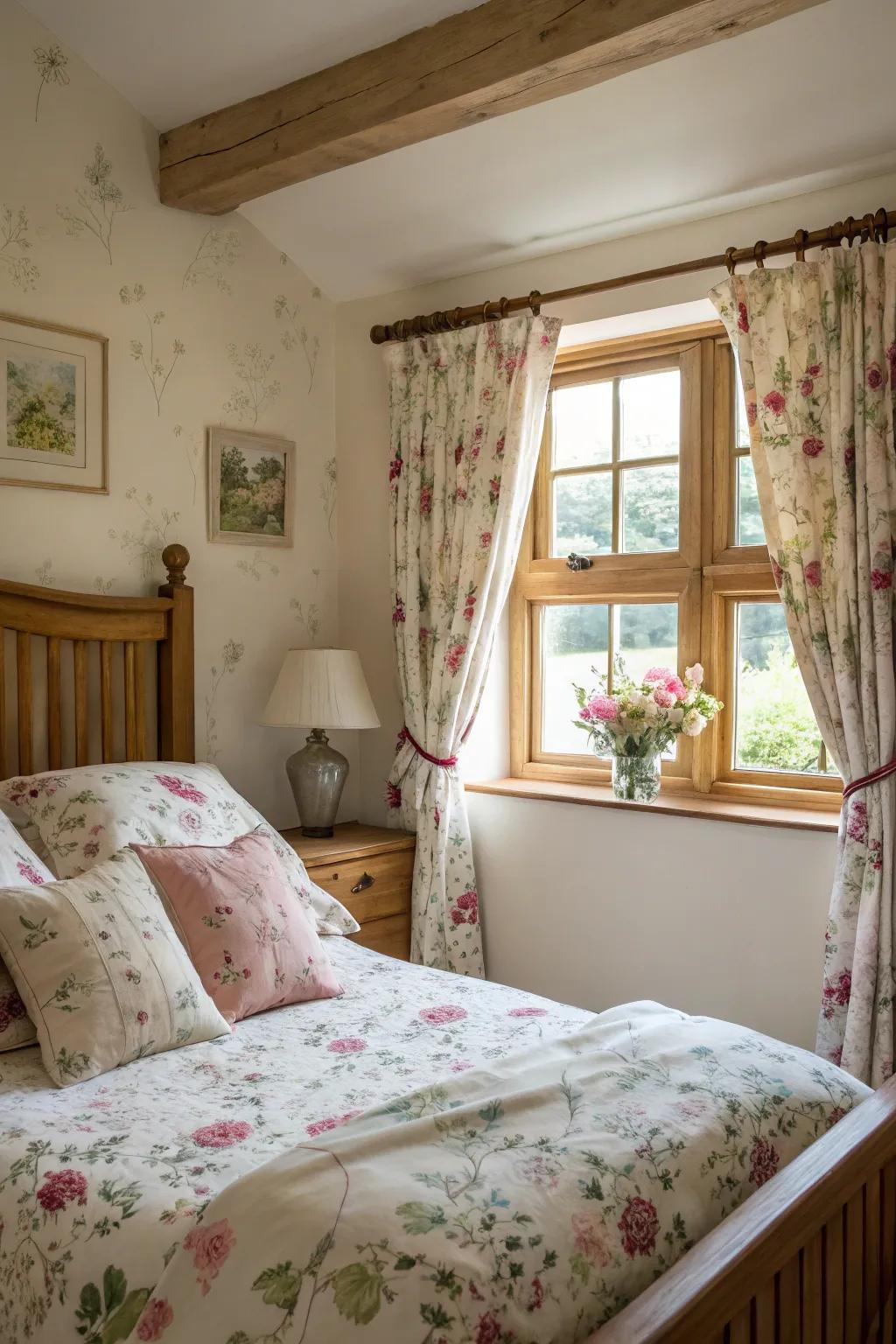 A bedroom with floral fabrics adding charm and nostalgia.