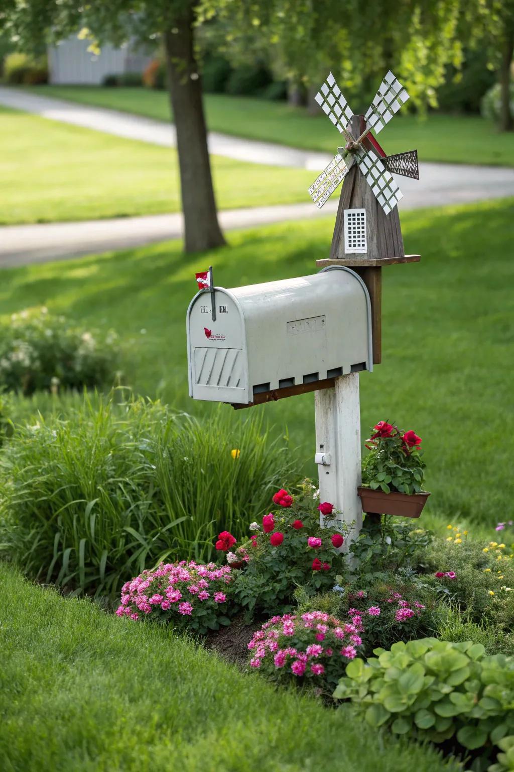 A playful turbine atop a mailbox brings a dynamic element to the design.
