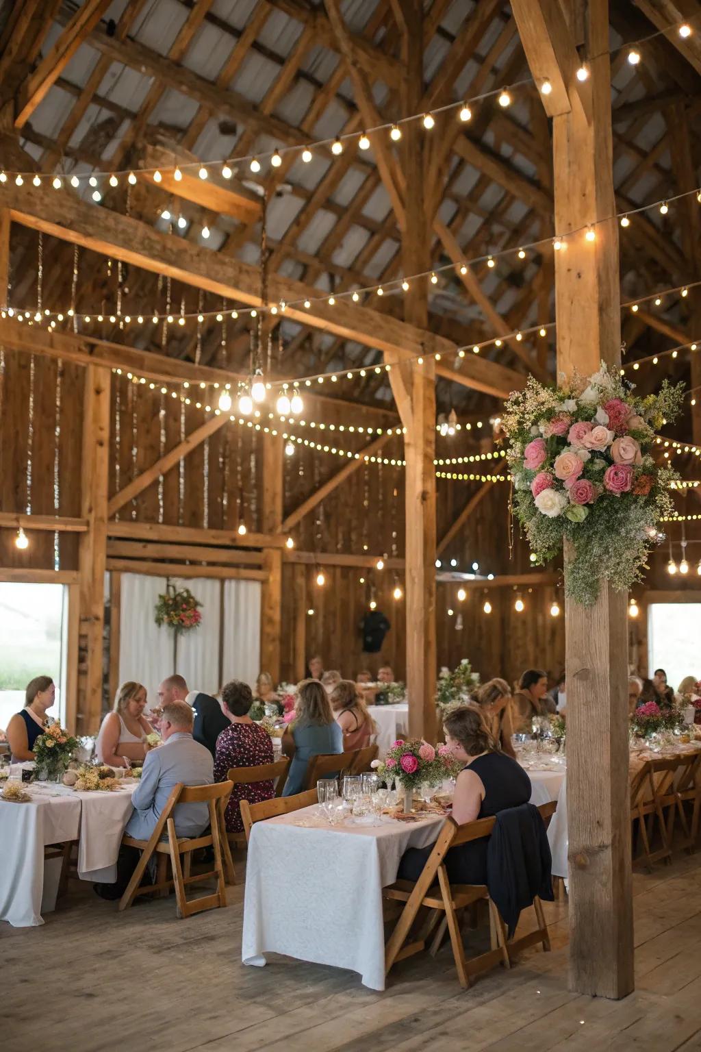A wedding gathering hosted in a charming unrefined barn with visible timber beams.