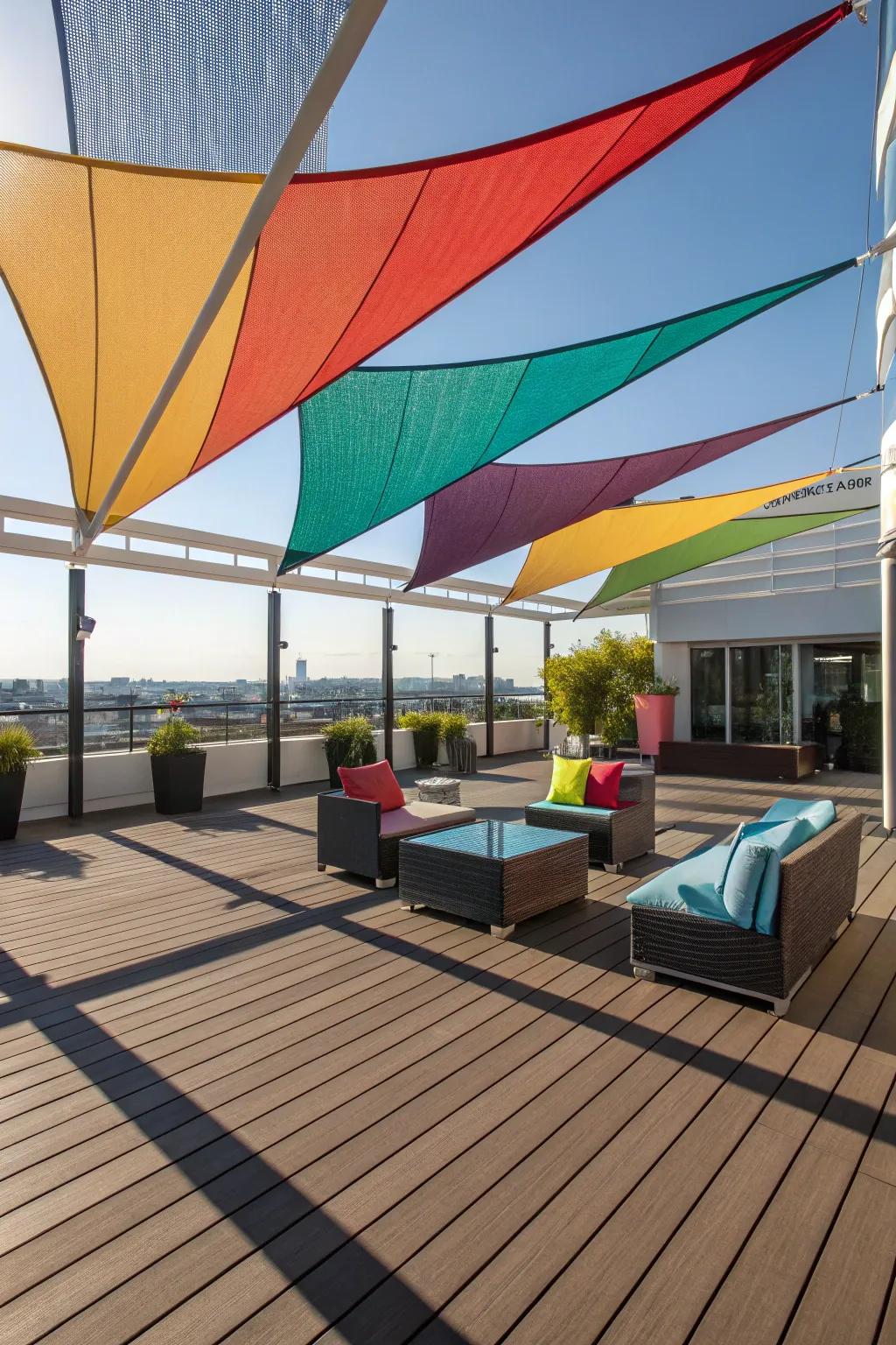 A lively shade sail-covered patio, ideal for modern visual appeals.