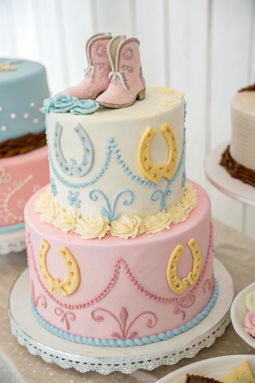 Pastel hues contribute an elegant and gentle essence to this cowgirl-themed cake.