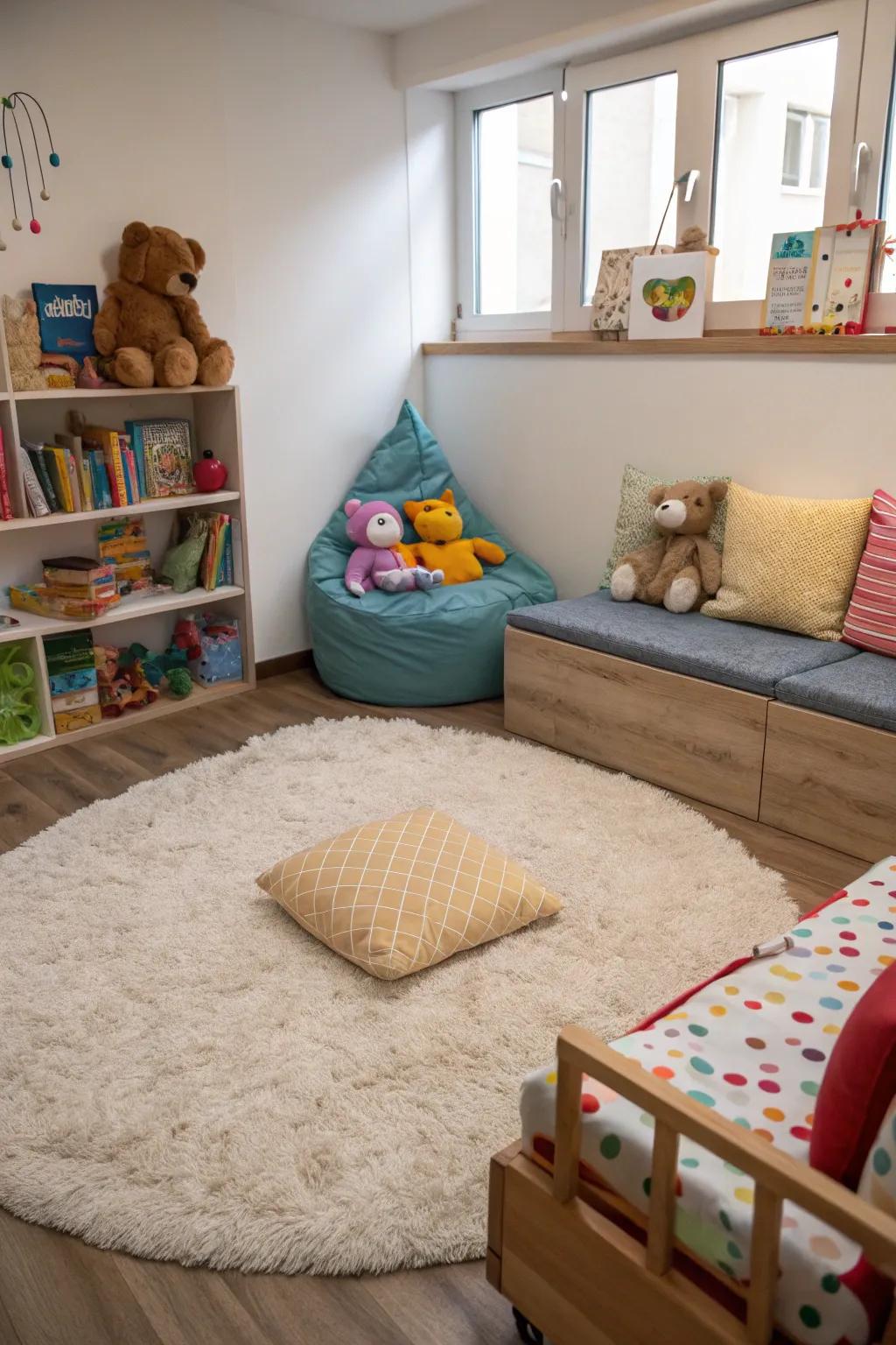 Soft mats define and soften the snug corner space.