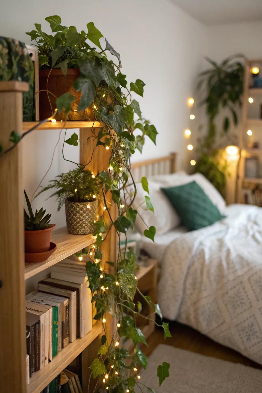 Interior plants enhanced with entwined twinkle lights in a bedroom.