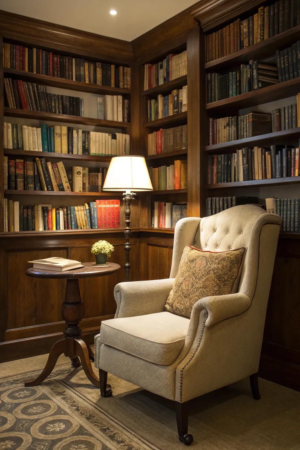 Bookshelves offer a stunning and useful backdrop for a snug reading corner.