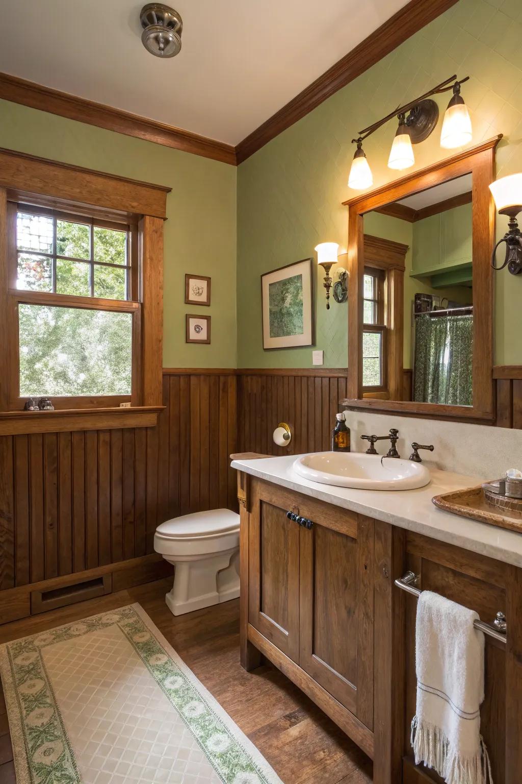 A peaceful craftsman bathroom featuring a down-to-earth color scheme.
