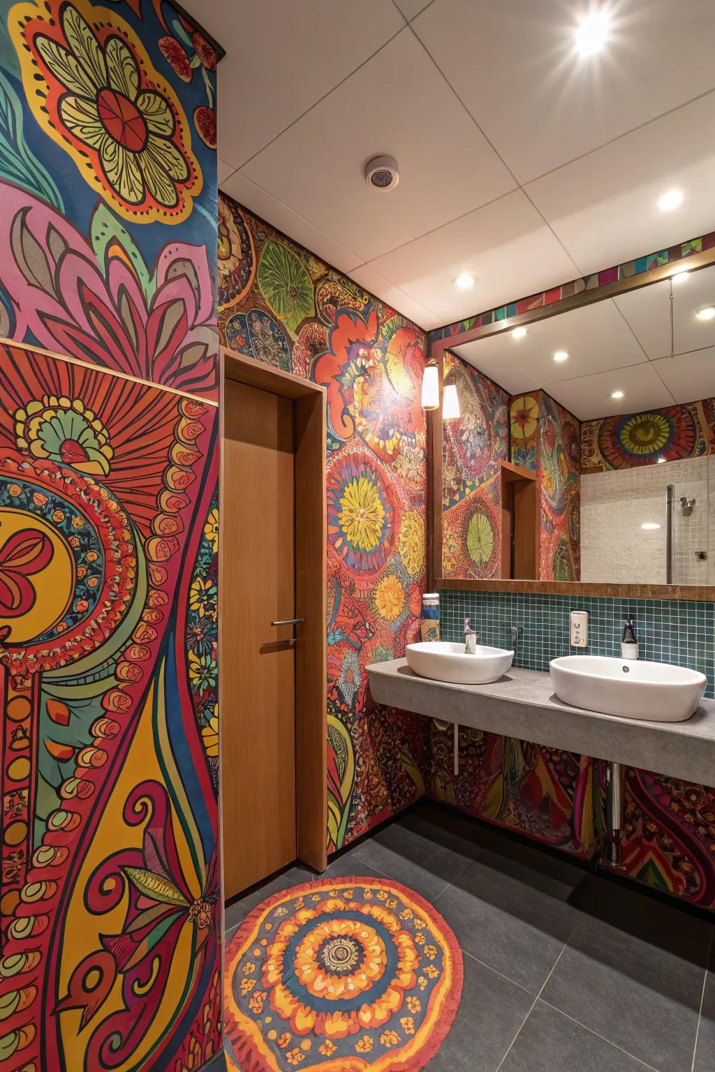 A bathroom exploding with vivid, psychedelic patterns.