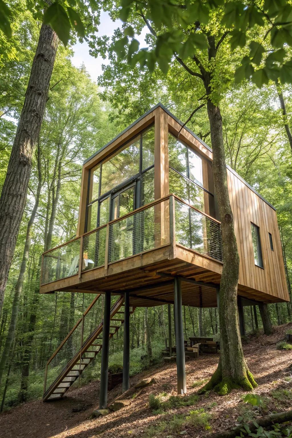 A charming treehouse design that combines sophistication with the magic of nature.