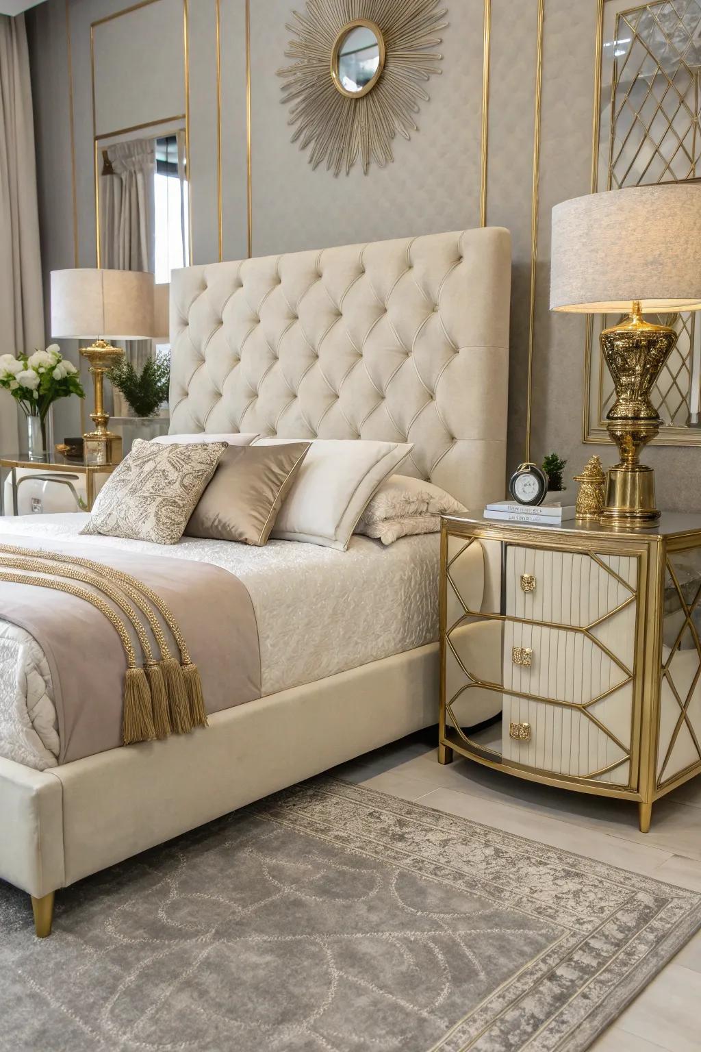 Stylish furnishing selections establish the ambiance for a polished bedroom.