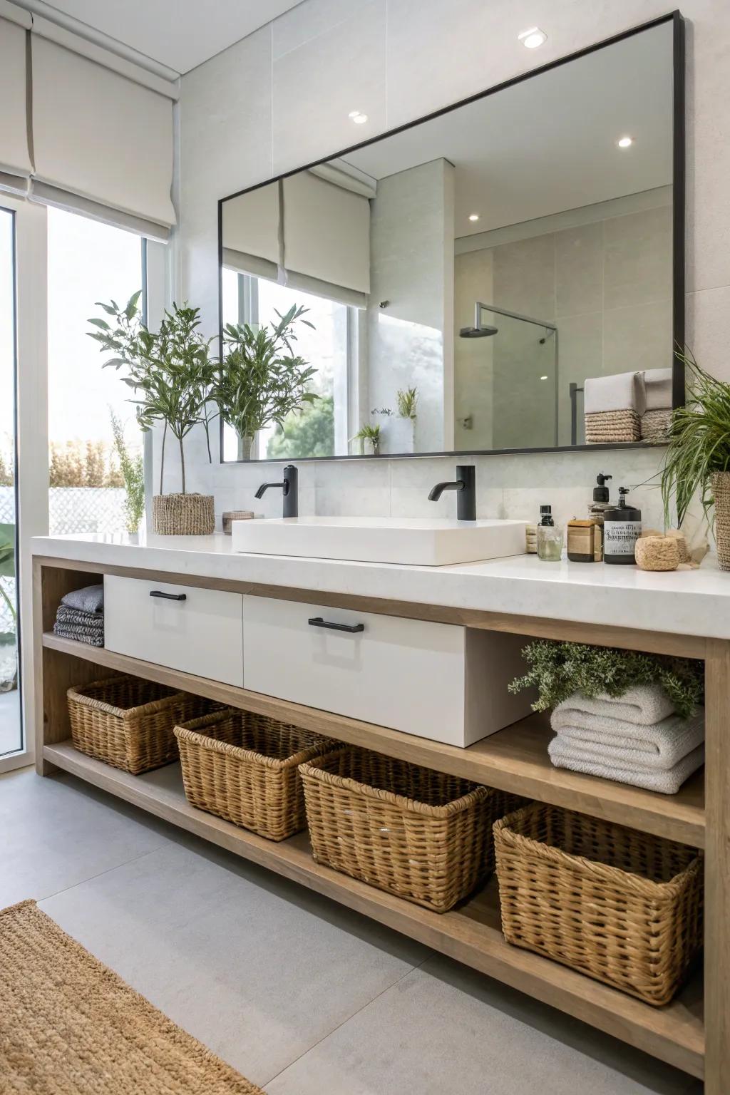 A floating vanity brings both elegance and useful storage potential.