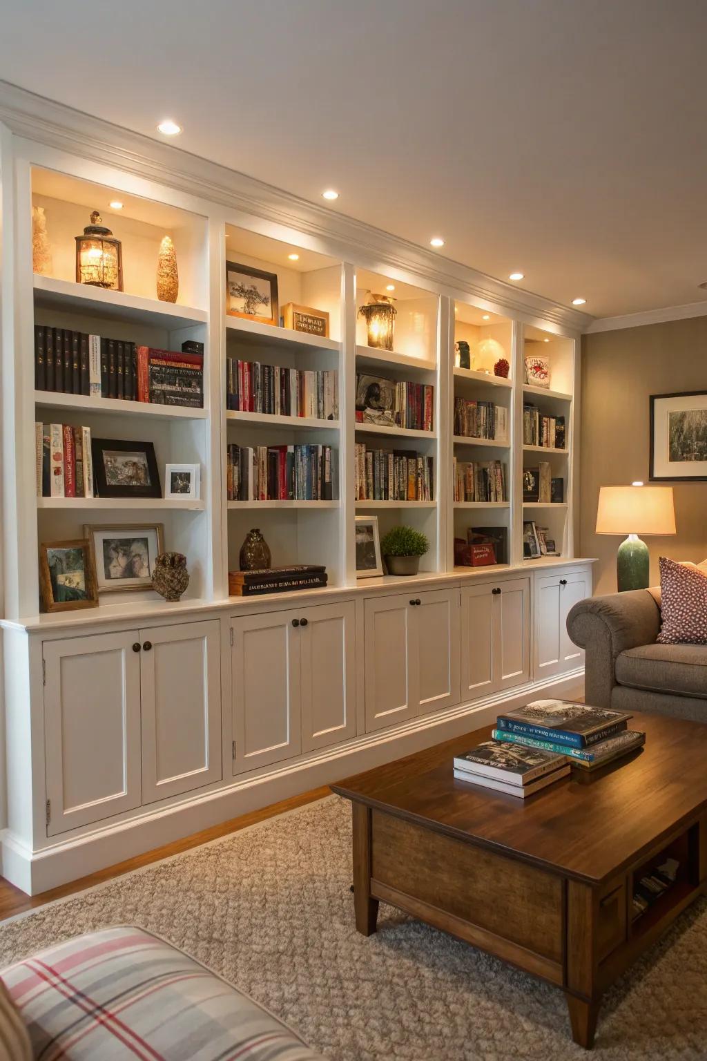 Built-in bookcases offer a smooth and stylish storage option.