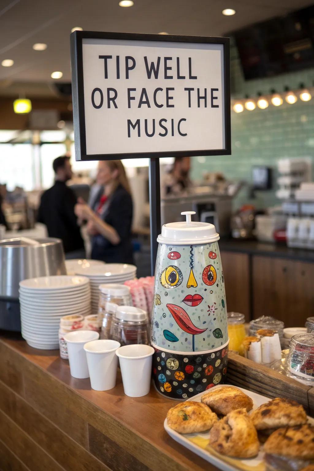 A tip jar with a humorous consequence sign