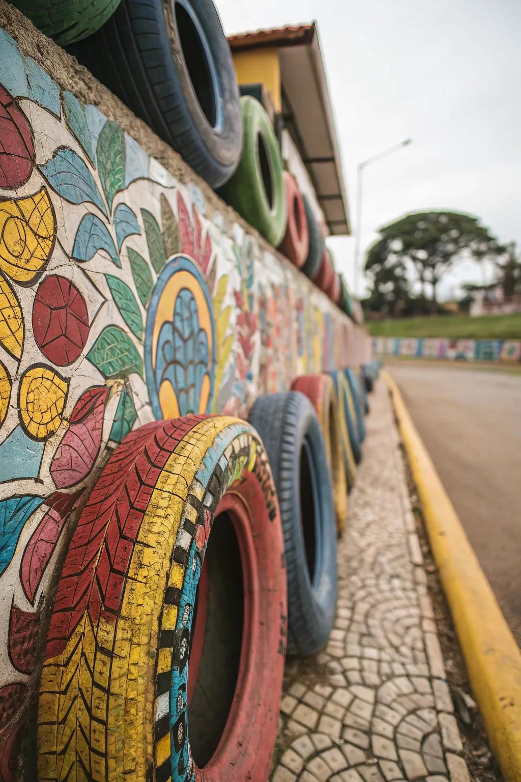 Artistic design wall employing colorful tires as inventive components.