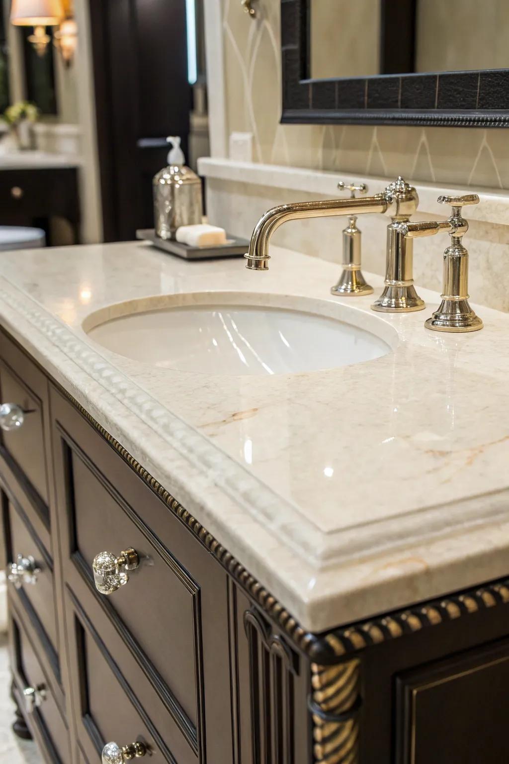 An elegant vanity complements crema marfil marble beautifully.