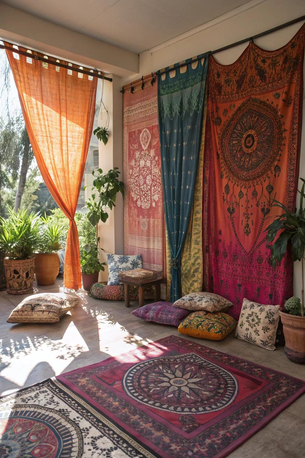 Bohemian charm with vibrant tapestry curtains.