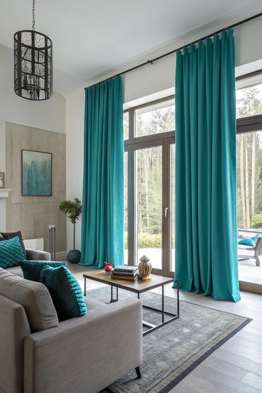 Striking window coverings can serve as a vibrant focal point in a neutral room.
