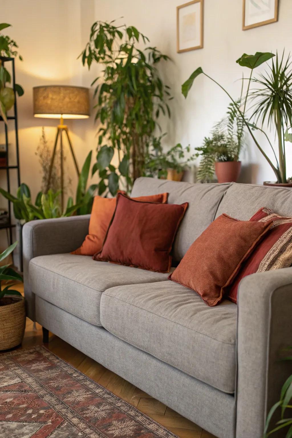 Earthy tones imbue a natural comfort into a grey sofa arrangement.