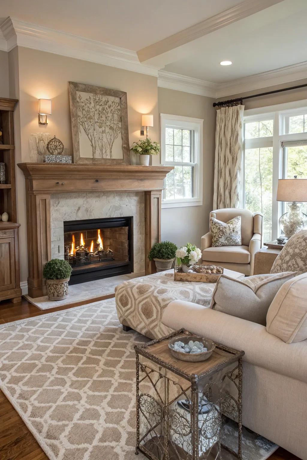 A fireplace in neutral tones blends effortlessly with its environment.