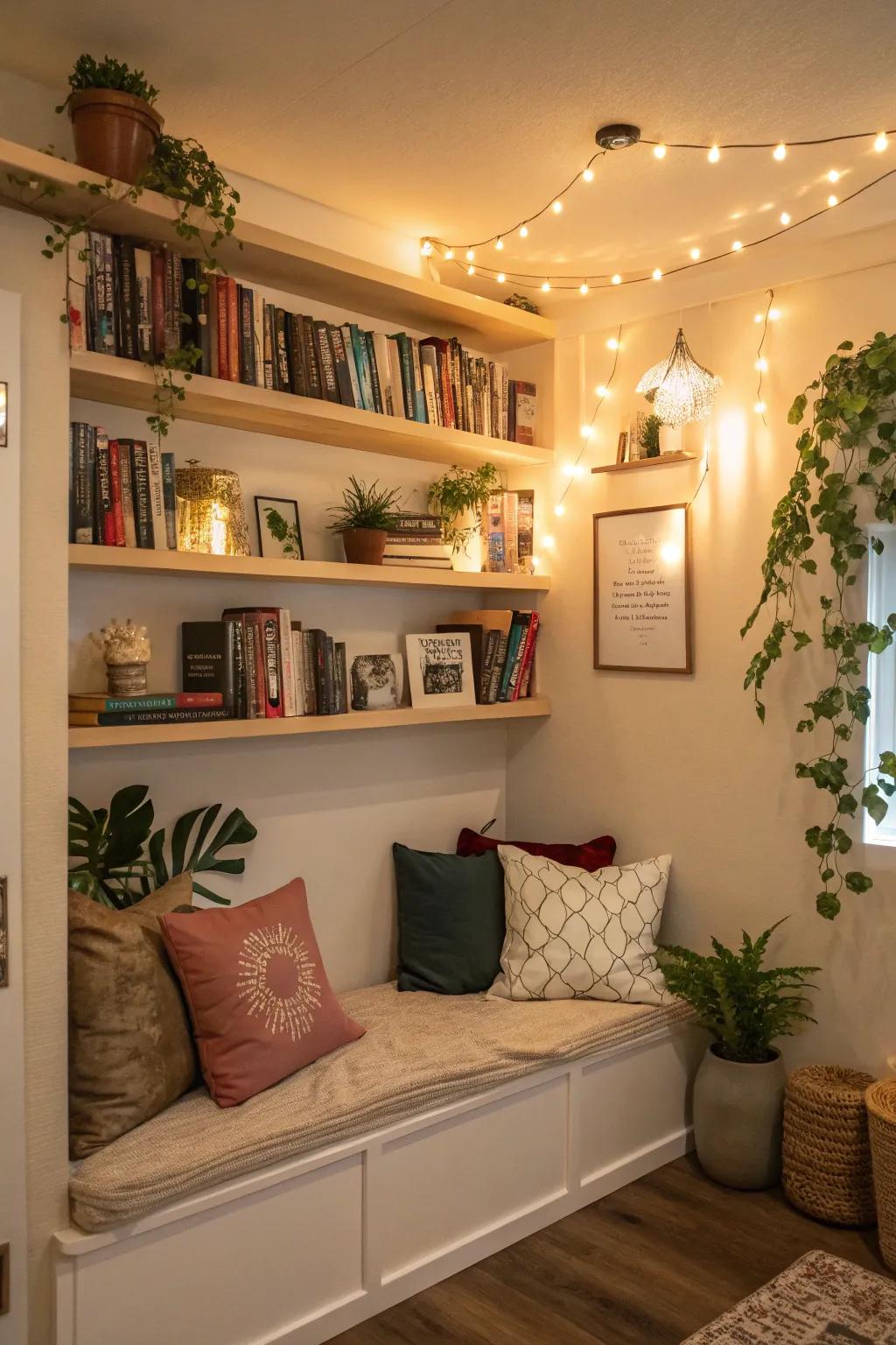 Floating bookshelves creating a welcoming and stylish reading area
