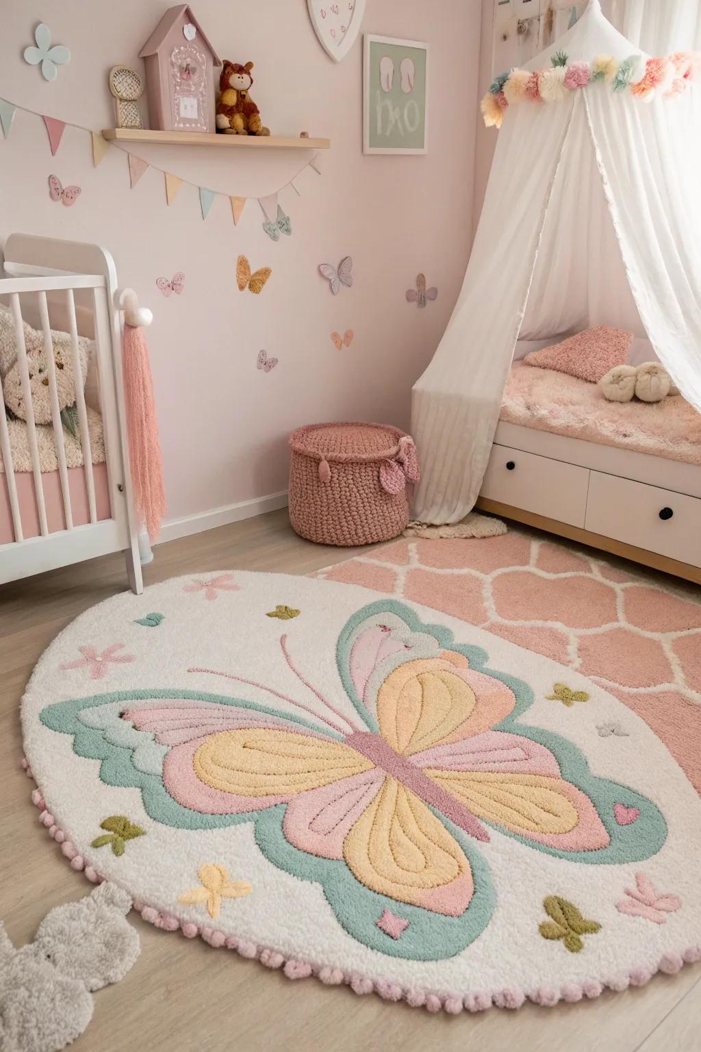 A flutterby-shaped rug adds a touch of magic to a child's room.