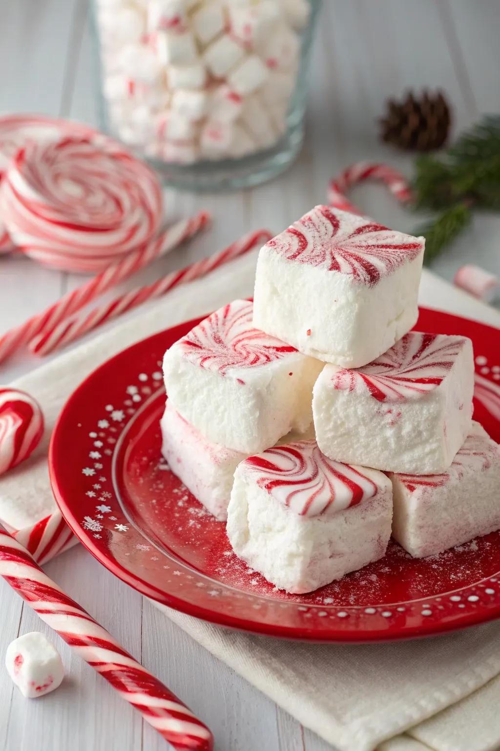 Celebratory peppermint stick marshmallows ideal for hot chocolate or treats.