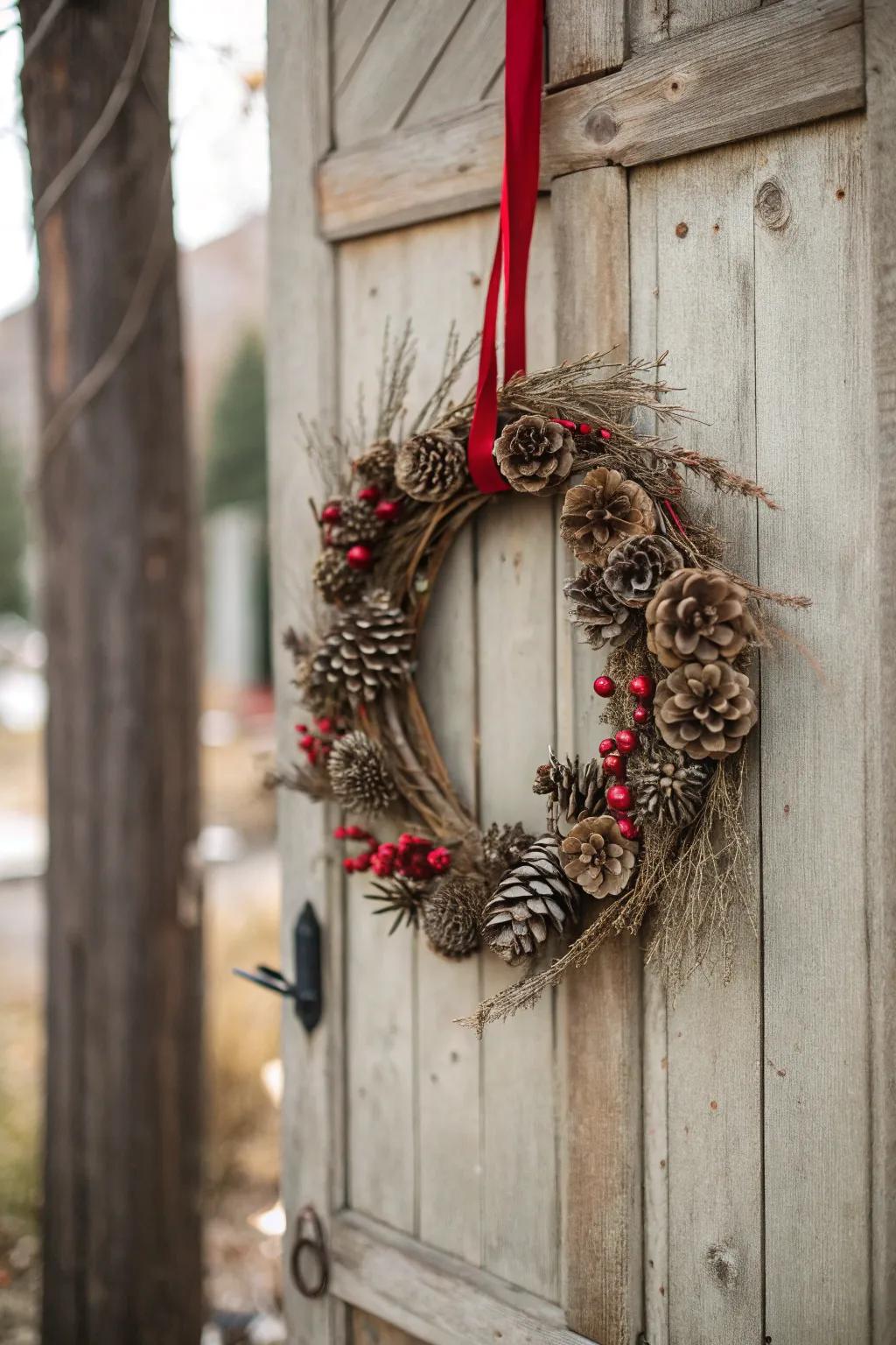 A rustic pinecone wreath welcomes guests with charm.