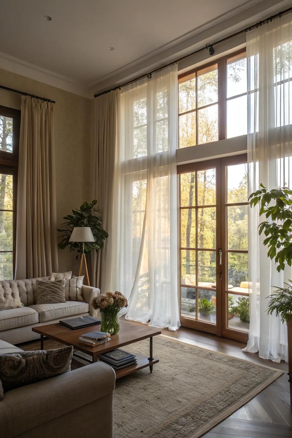 Clear curtains enabling sunlight to illuminate the space.