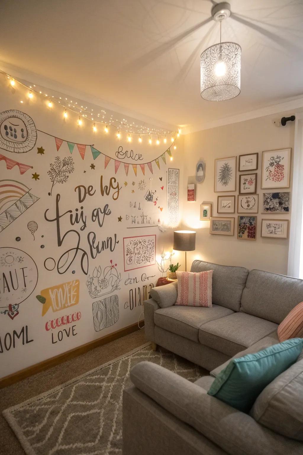 Inspiring sayings injecting persona into a gathering space.