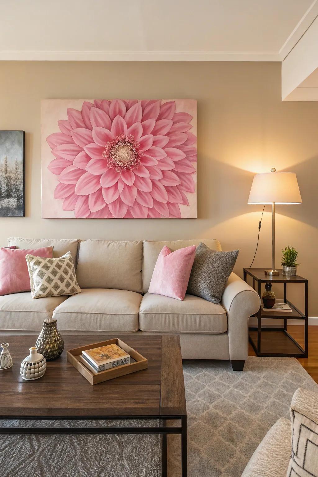 Roseate wall art infuses character and color into the living room.