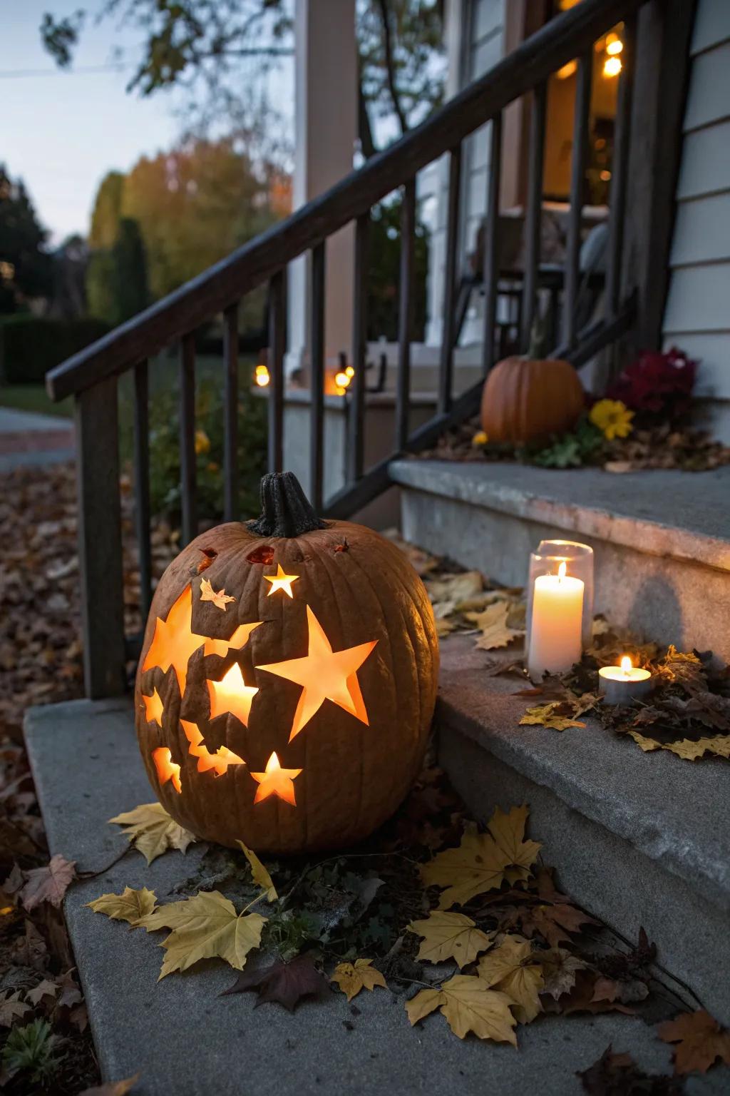 Enchanting star and bat carvings for a magical jack-o'-lantern glow.