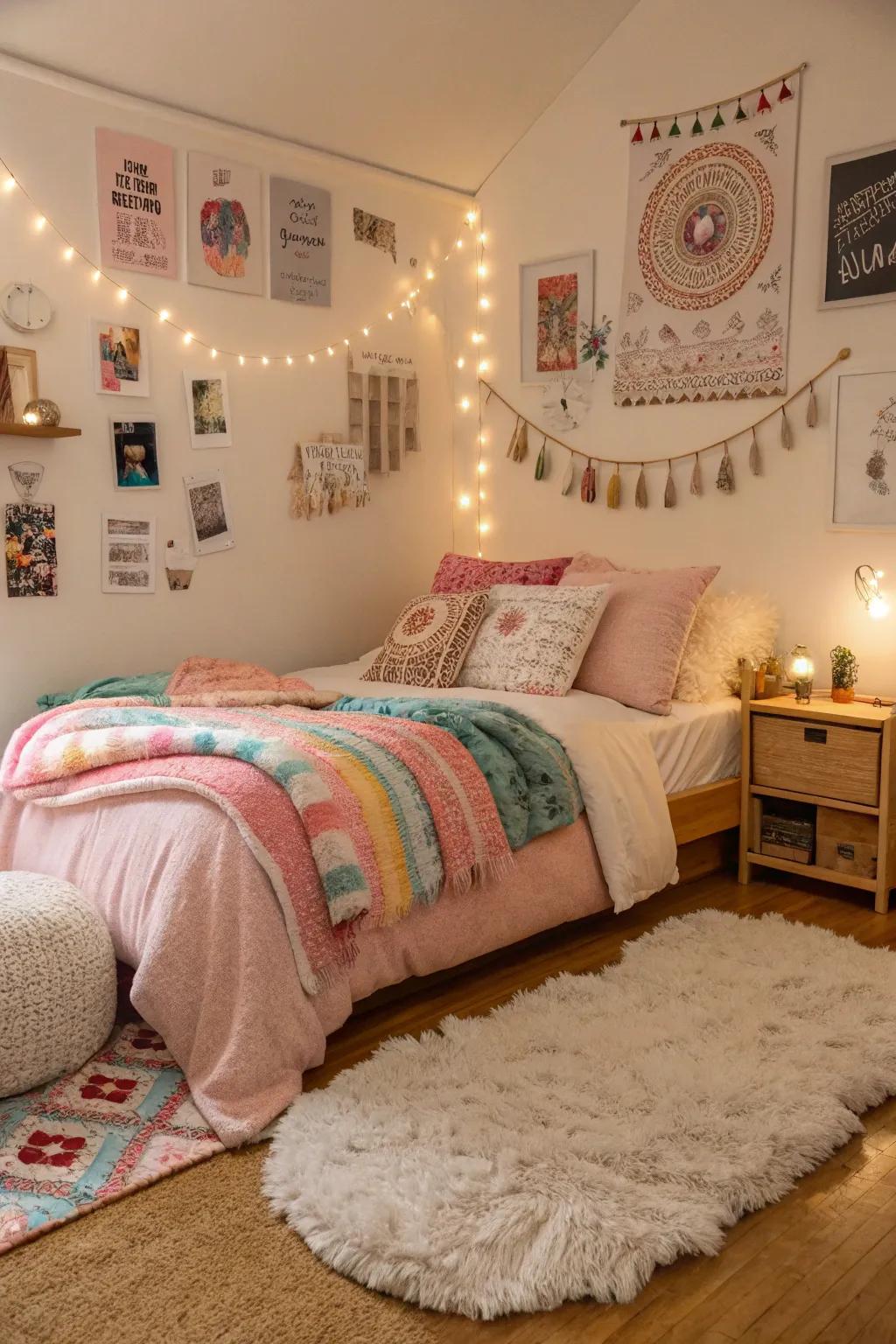 A cozy teen room with soft fabrics for comfort.
