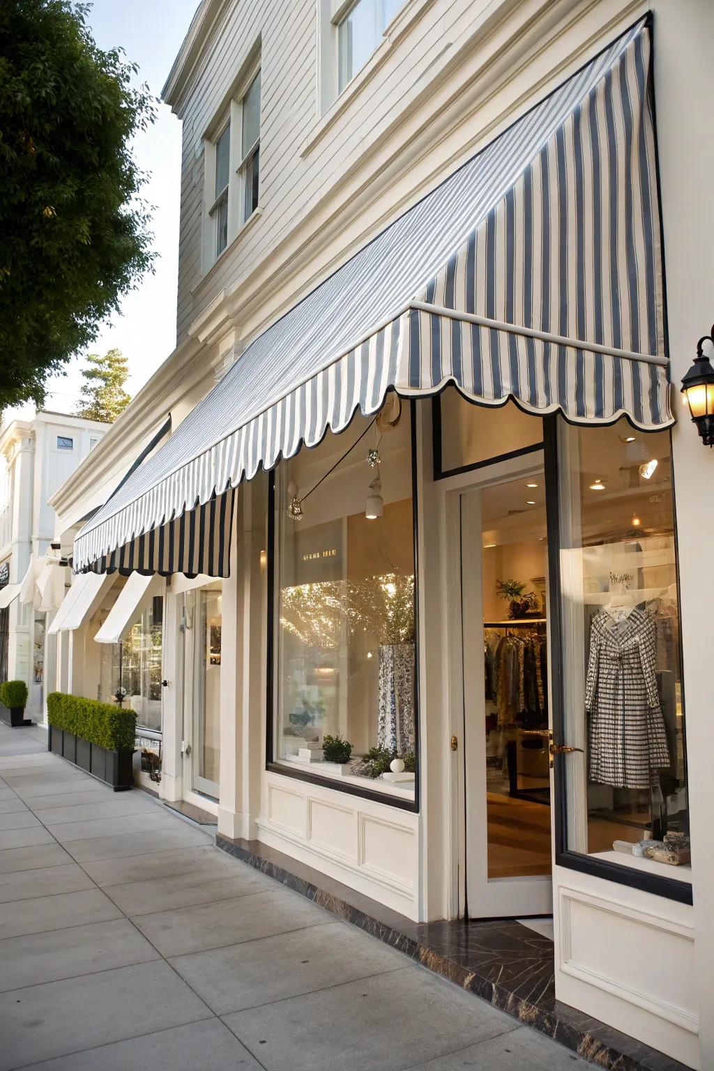 A storefront featuring a chic striped awning that combines elegance with functionality.