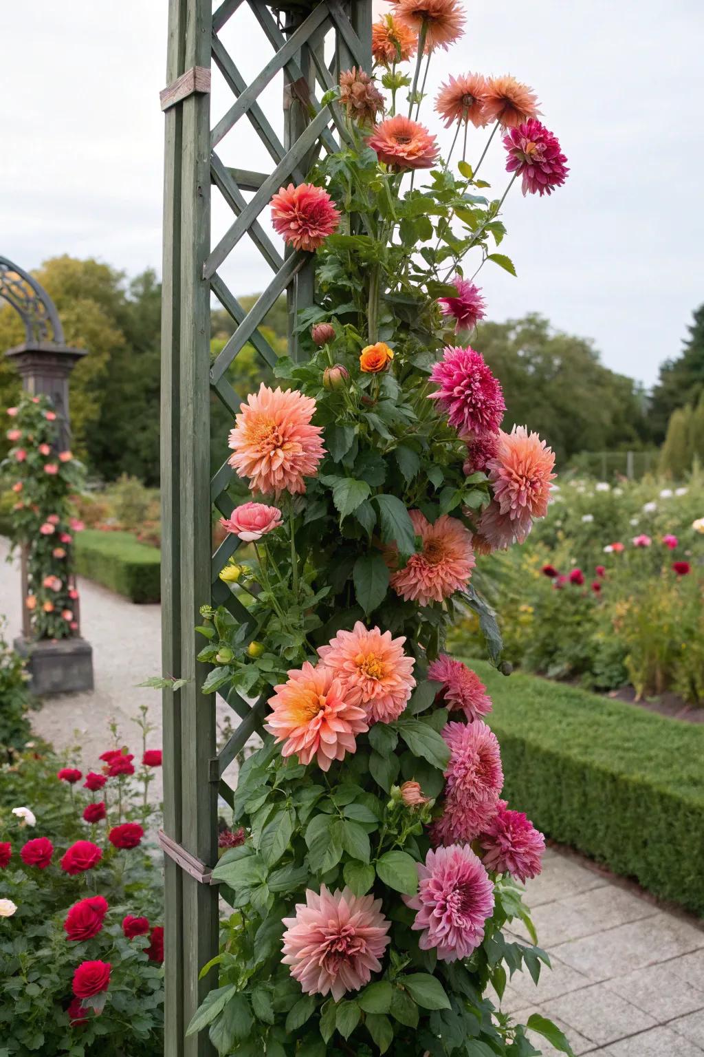 Sunburst blooms achieving new heights on a garden framework.