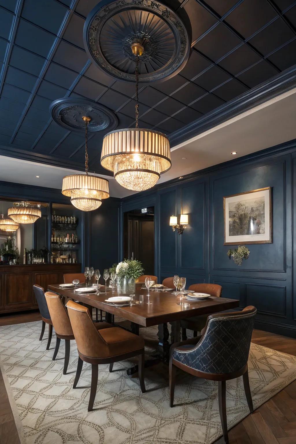 A sensational dining space featuring a deep azure ceiling.