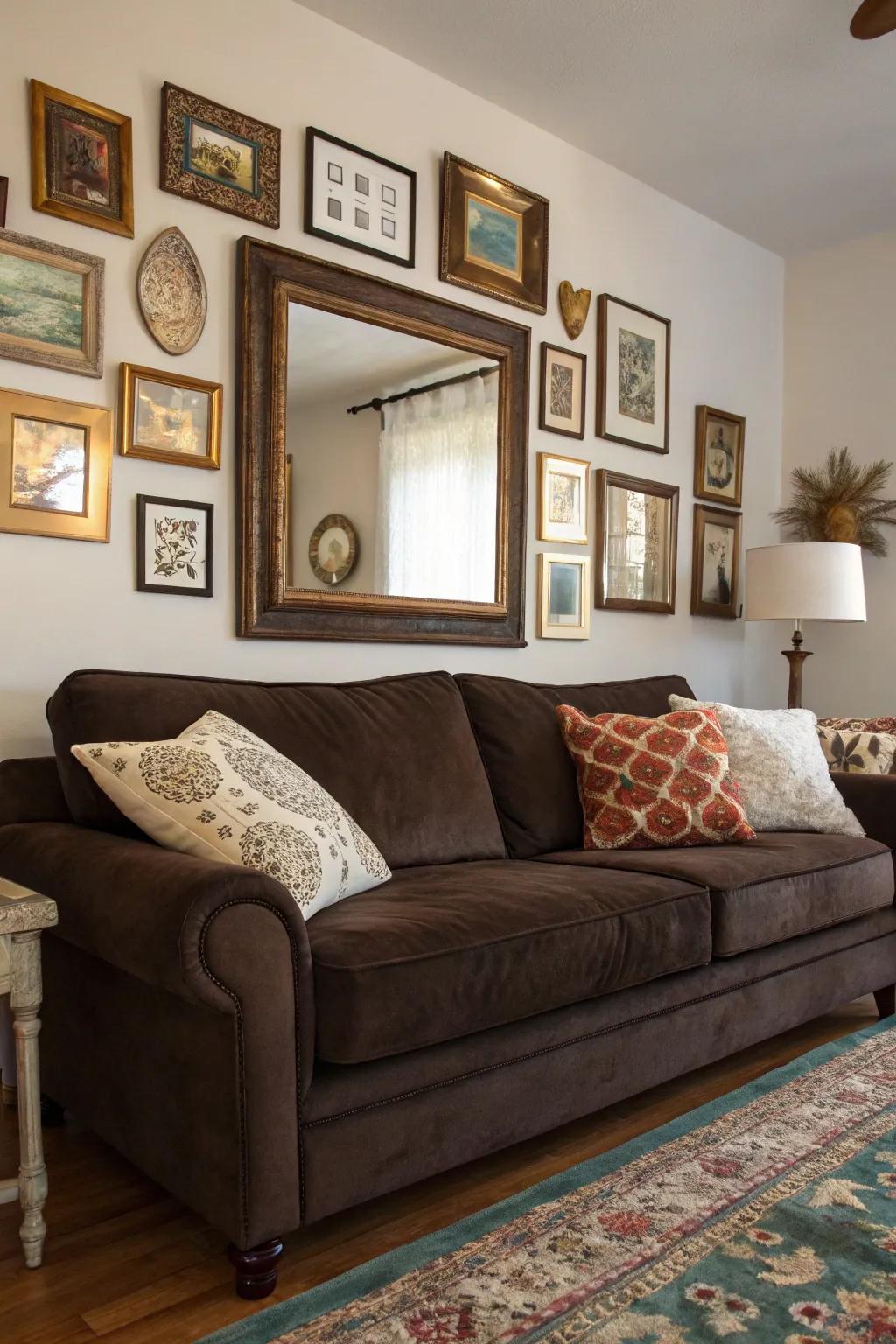 A gallery wall injects individuality together with attracts recognition to your cocoa-colored settee.