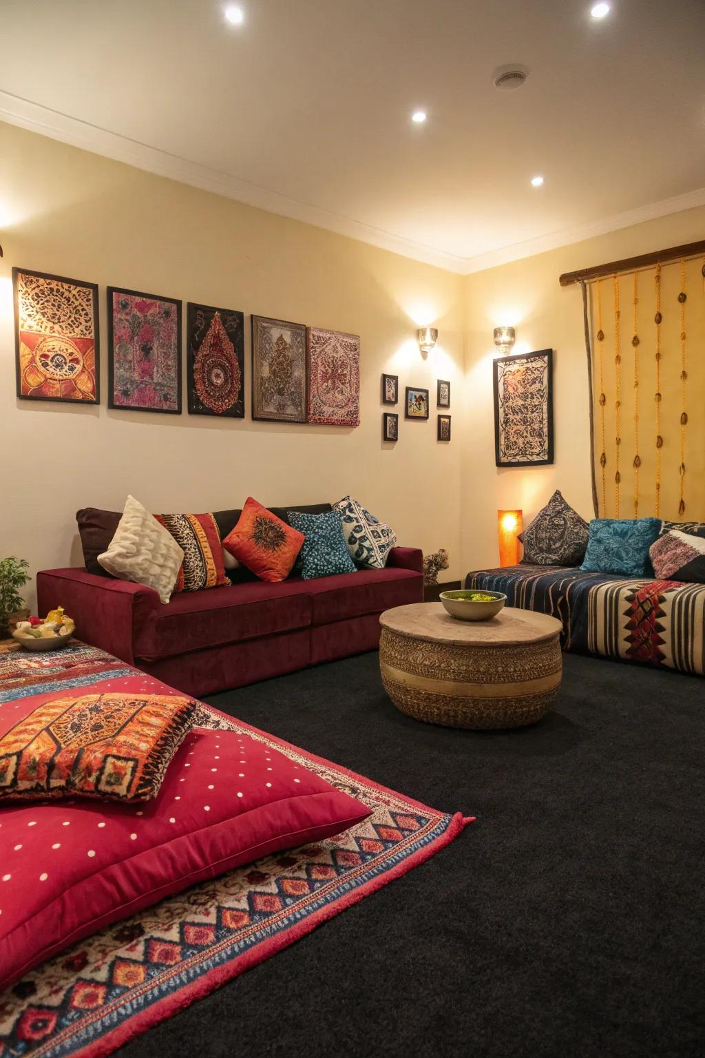 Bright accessories that bring life to a space with a deep-toned floor covering.