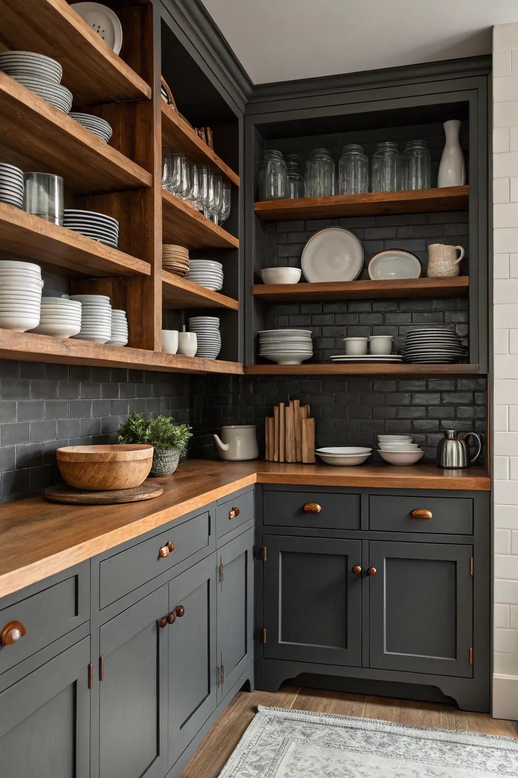 Deep charcoal cabinets enhanced by open shelves showcasing stylish tableware.