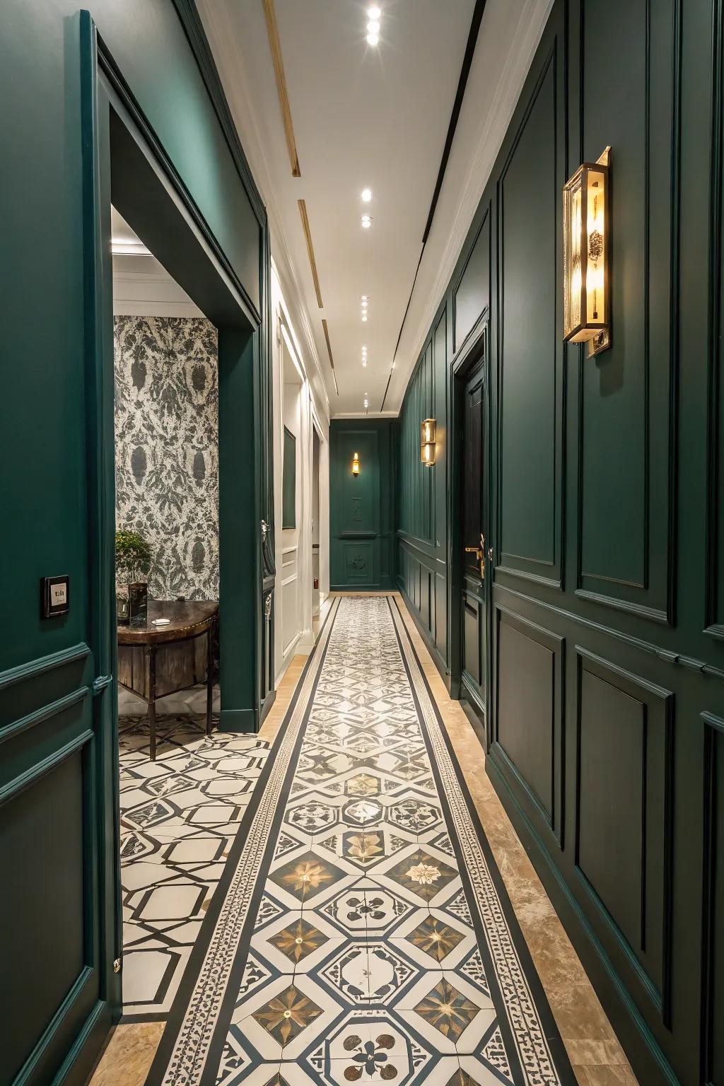 Geometric tiles introduce pattern to this dark green hallway.