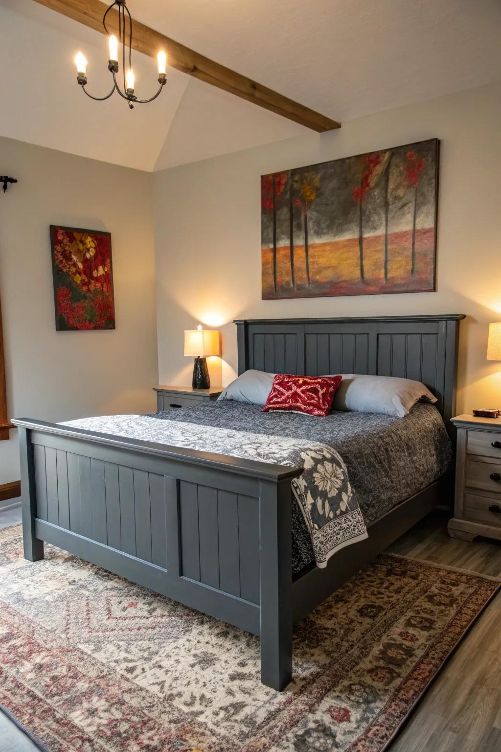 A bedroom featuring striking artwork that enhances a deep charcoal bed frame.