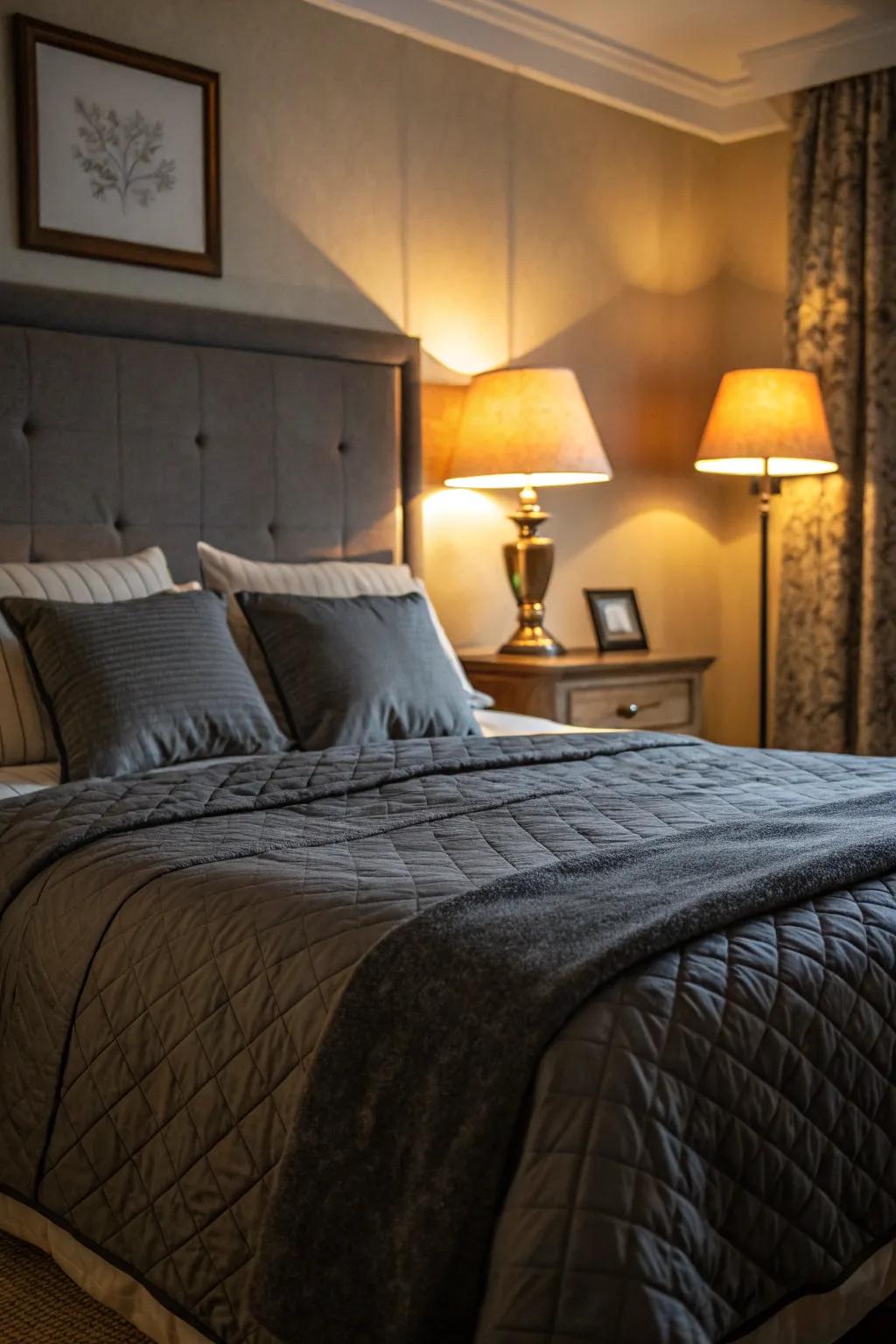 Soft lighting enhances the welcoming qualities of deep charcoal bedding.