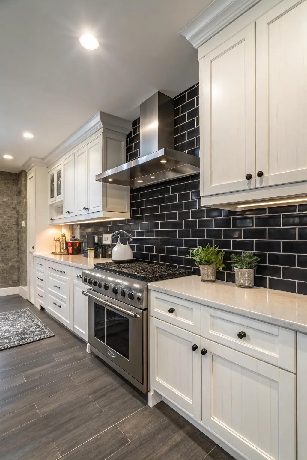 A stunning contrast of dark backsplash with bright white cabinetry.