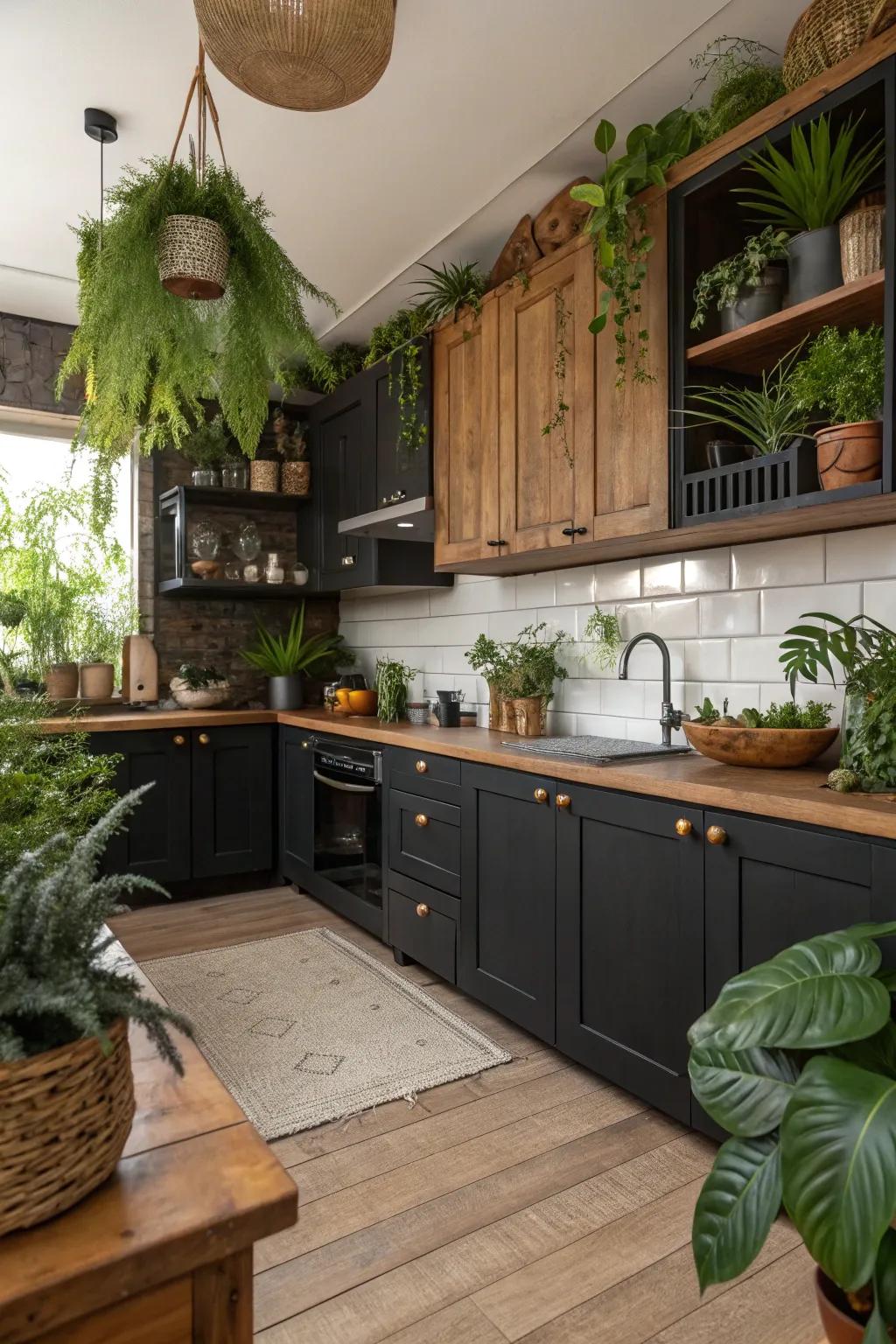 Timber accents and verdant elements infuse warmth into spaces with dark kitchen cabinets.