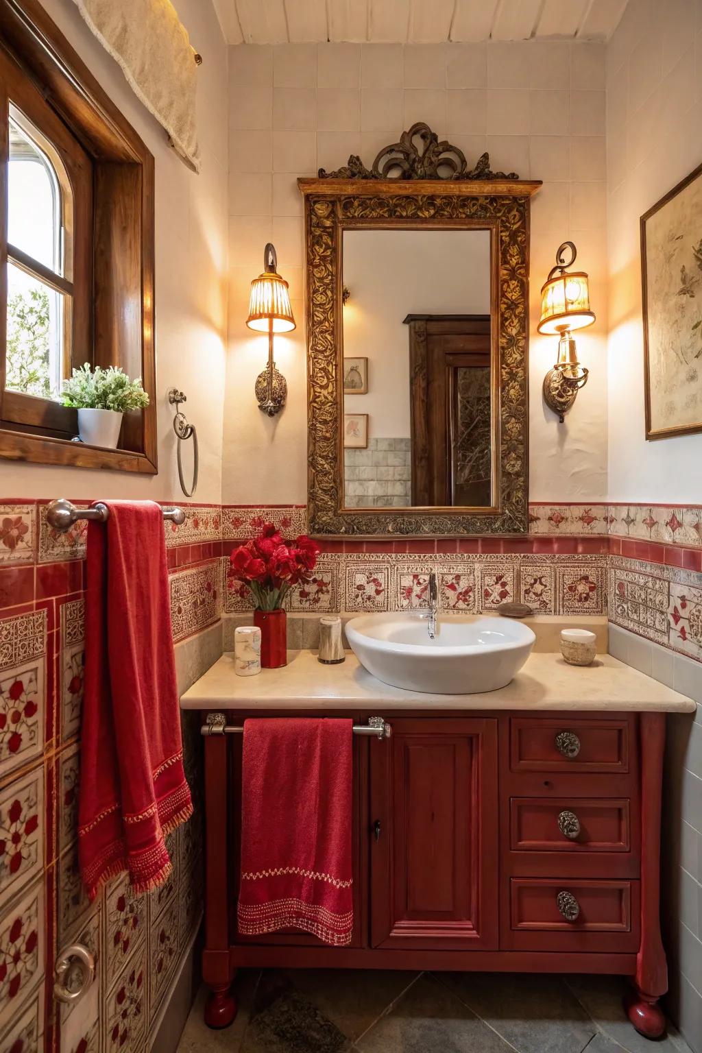 Vintage red accents imbue your bathroom with nostalgia and charm.