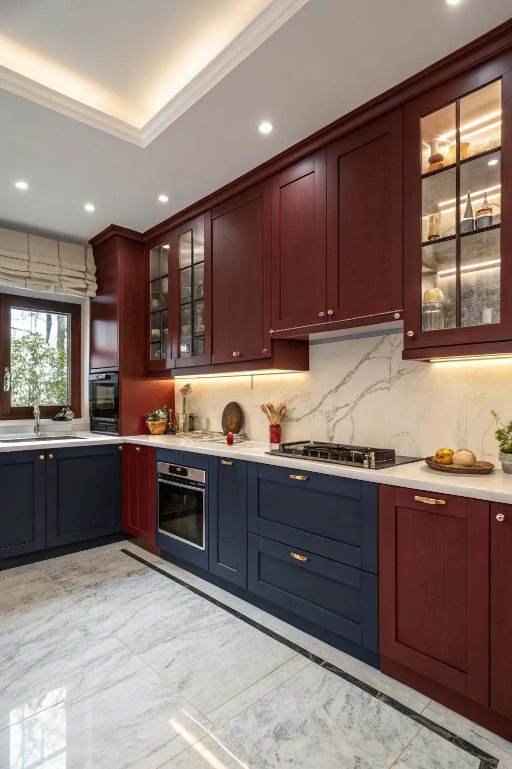 Two-tone kitchen cabinets in dark red and navy.