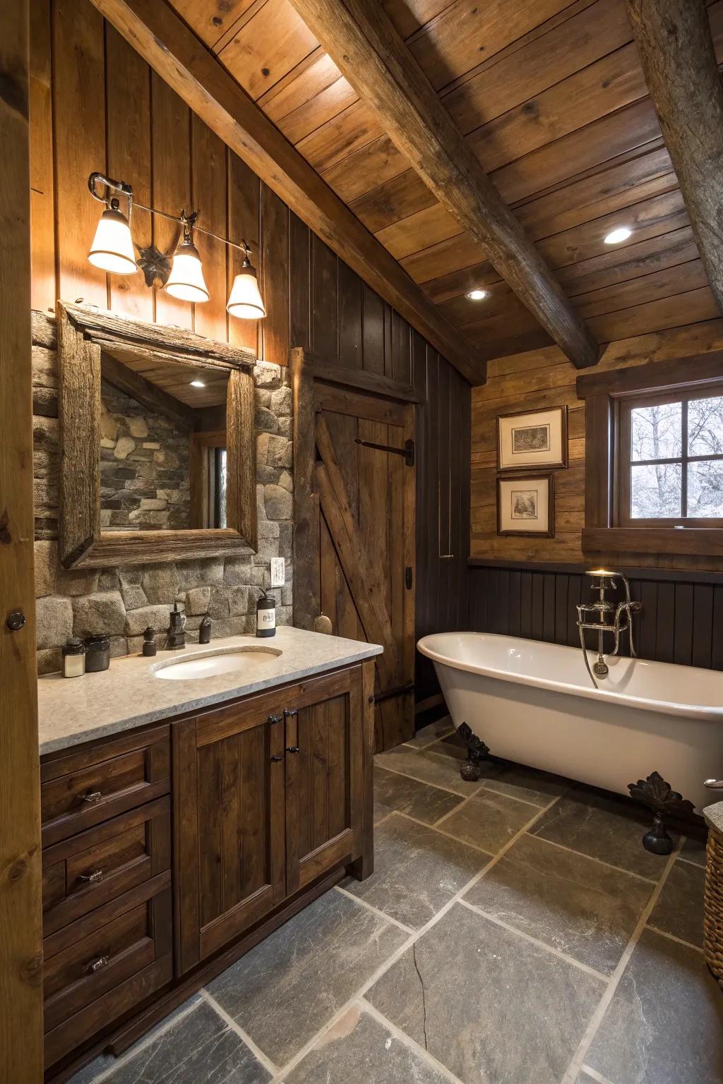 Natural wood panels add a textured backdrop to this inviting bathroom.
