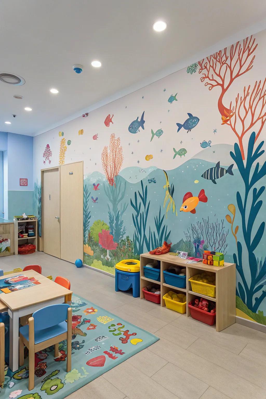 A daycare space filled with oceanic-themed wallpaper.