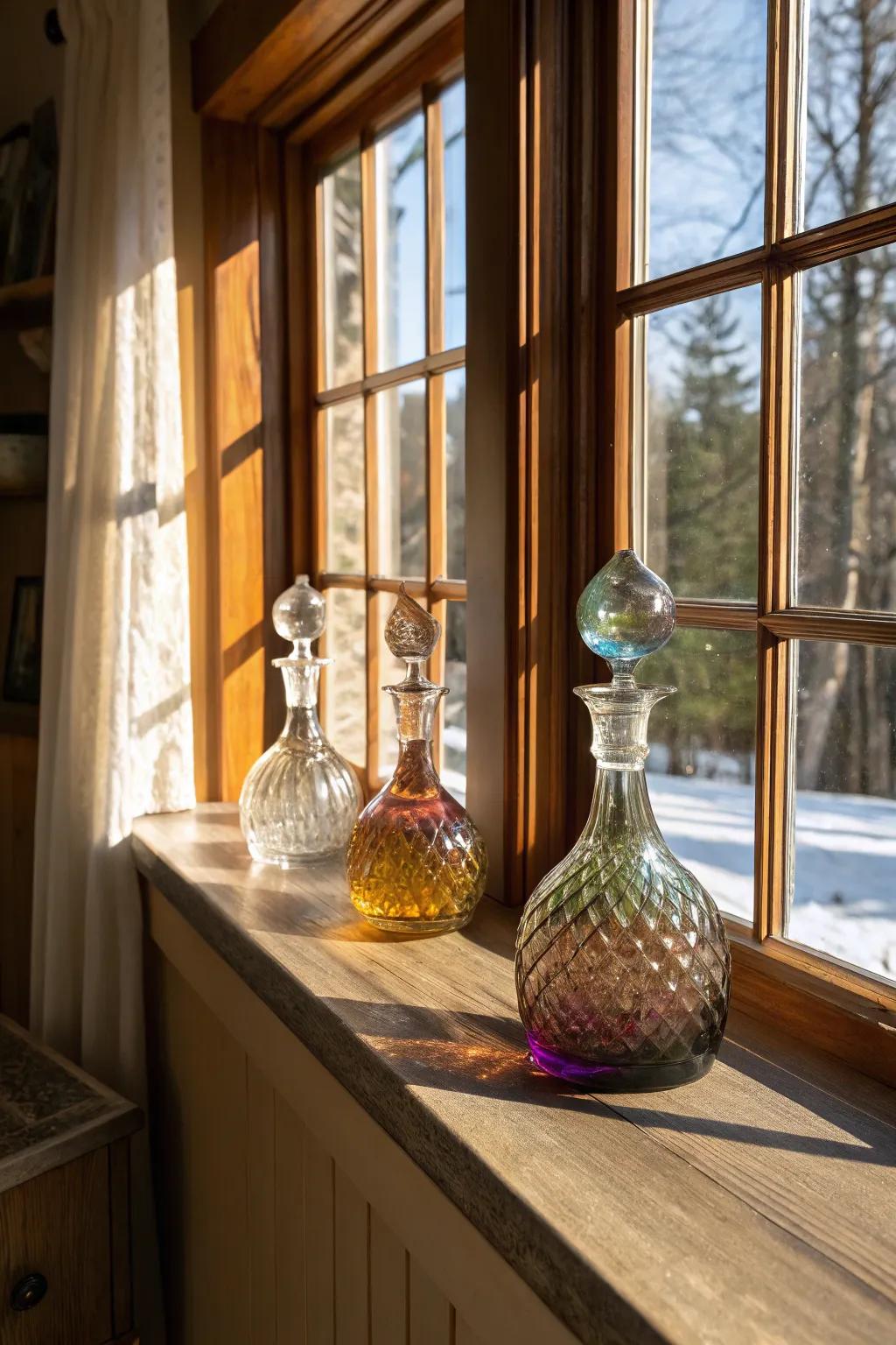Vessels lit up by sunlight on a windowsill.
