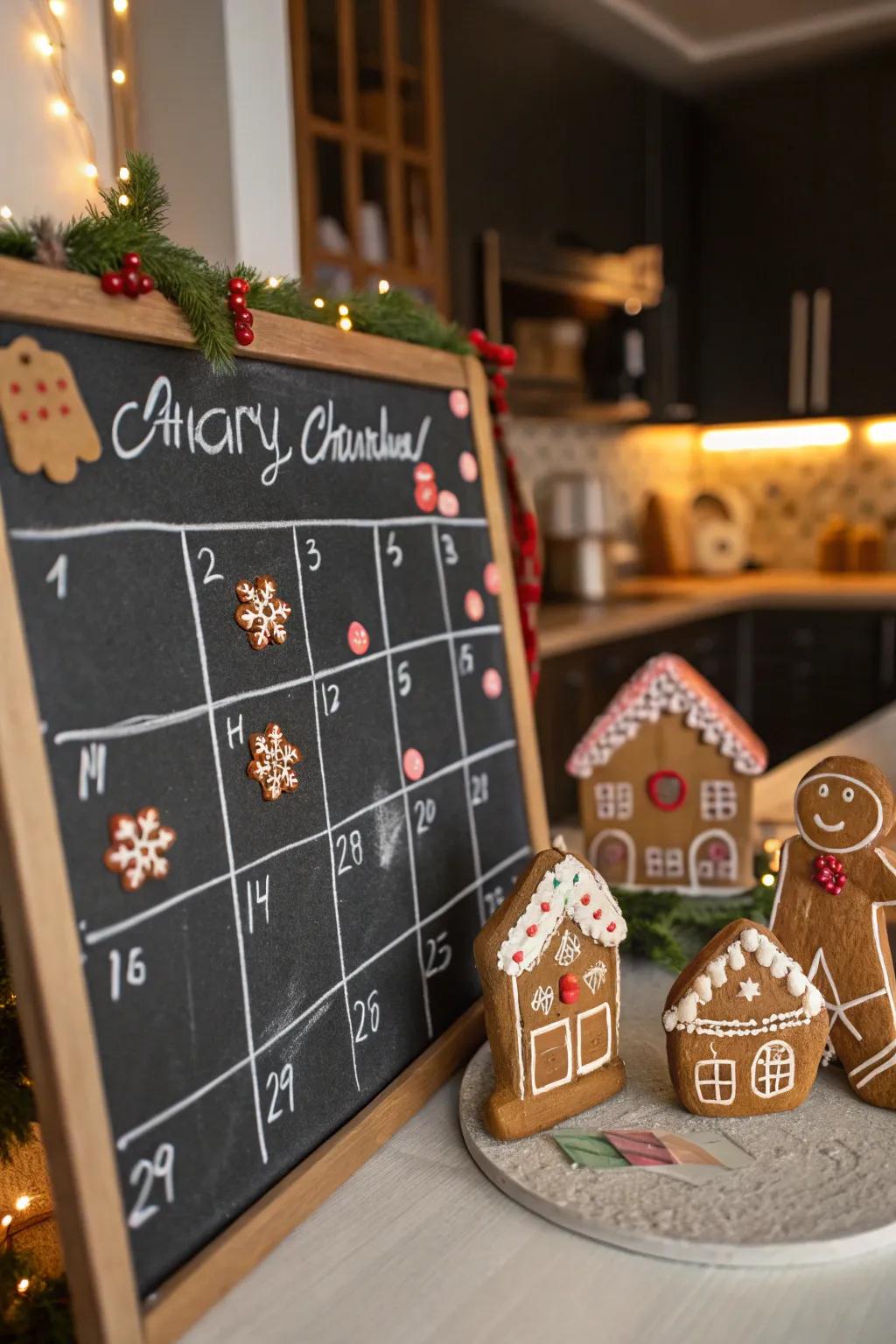 A fanciful spice cookie-themed chalkboard calendar.